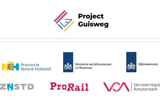 Logos van Provincie Noord-Holland, Ministerie van Infrastructuur en Waterstaat, Prorail, Rijkswaterstaat, Zaanstad en Vervoerregio Amsterdam