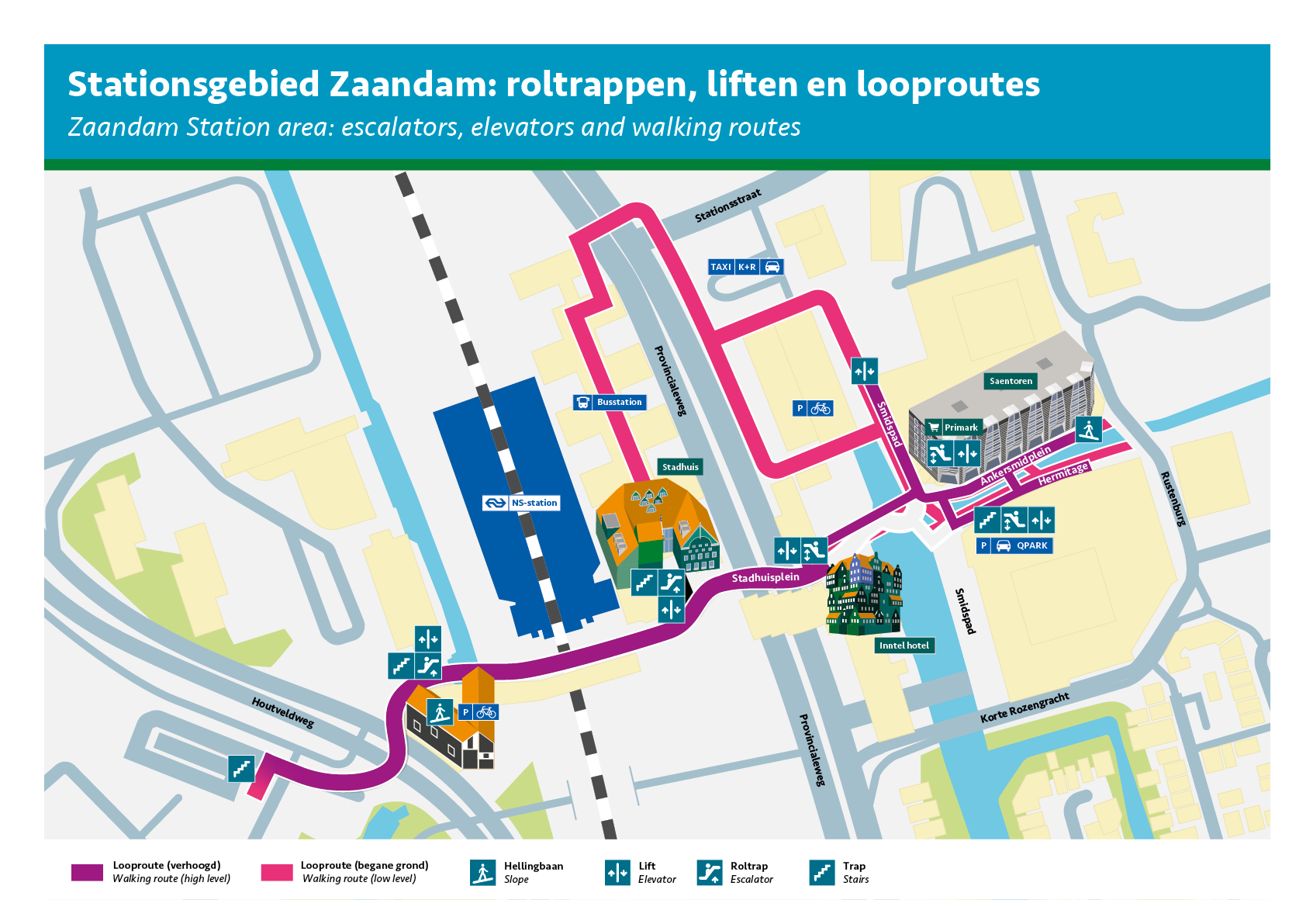 Op dit kaartje staat een overzicht van de looproutes in het stationsgebied van Zaandam, met daarop aangegeven waar liften en roltrappen zijn. Als een roltrap of lift kapot is, ziet u welke andere mogelijkheden u heeft. Loopt u van het winkelgebied aan de Gedempte Gracht naar het stadhuis of station, of andersom? Dan kunt u via de hellingbaan langs de Hermitage naar boven of beneden wandelen. Wilt u gebruik maken van roltrappen of een lift? Dan heeft u vijf mogelijkheden: 1) Op het Ankersmidplein, naast de waterval bij het Inntel Hotel Amsterdam Zaandam zijn roltrappen (zowel naar boven als naar beneden) en een lift. 2) Bij de parkeergarage Q-park Hermitage is een roltrap (omhoog en omlaag), een lift en een vaste trap. 3) In de Primark kunt u tijdens openingstijden van de winkel gebruik maken van de roltrappen en de lift. 4) Onder het stadhuis in het busstation is een lift, een roltrap die omhoog gaat en een vaste trap. De looproute van en naar het busstation is via het kruispunt Provincialeweg – Stationsstraat. 5) Naast de fietsenstallingen, aan het Smidspad, vindt u een tijdelijke lift. Deze staat hier in ieder geval tot en met maart 2025. Loopt u vanaf de wijk Nieuw West, via de Houtveldweg naar het station of stadhuis, of andersom? Dan kunt u gebruik maken van de roltrap (alleen omhoog), een lift of een gewone trap. U kunt ook via de hellingbaan in de fietsenstalling wandelen. Of via het Ebbehout met een trap naar de hellingbaan De Slinger lopen.